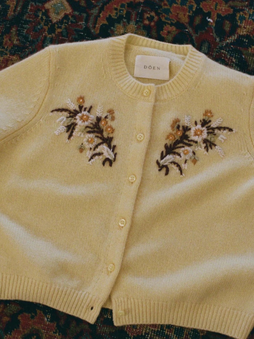 NWT Doen Babette Cashmere Embroidered Cardigan Crop Sweater Buttercup Yellow